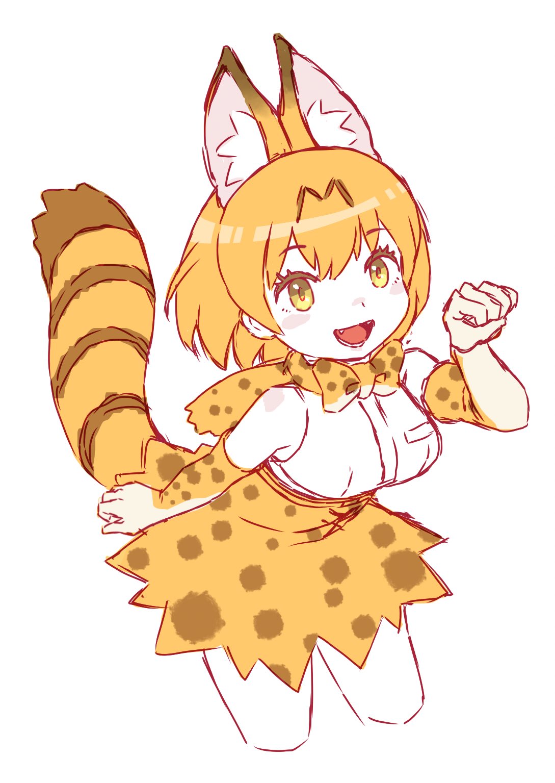 1girl :d animal_ear_fluff animal_ears bangs bare_shoulders blonde_hair blush_stickers bow bowtie breasts commentary cowboy_shot cropped_legs elbow_gloves eyebrows_visible_through_hair fangs gloves highres kemono_friends kinkitsu1824 leaning_forward looking_at_viewer medium_breasts open_mouth orange_bow orange_gloves orange_neckwear orange_skirt paw_pose serval_(kemono_friends) serval_ears serval_print serval_tail shirt short_hair simple_background sketch skirt sleeveless sleeveless_shirt smile solo standing tail white_background white_shirt yellow_eyes