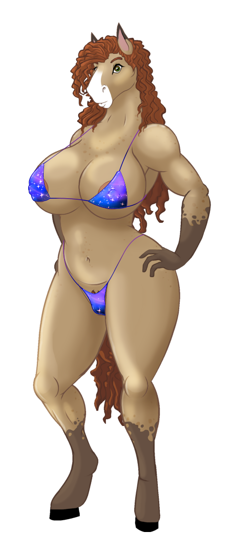 alpha_channel anthro big_breasts bikini breasts clothing curvaceous curvy_figure equid equine eyebrows female freckles_on_chest green_eyes hair hand_on_hip hooves horse hth_studios mammal navel nipple_outline simple_background solo swimwear thick_thighs transparent_background two_piece_swimsuit unknown_artist voluptuous wide_hips