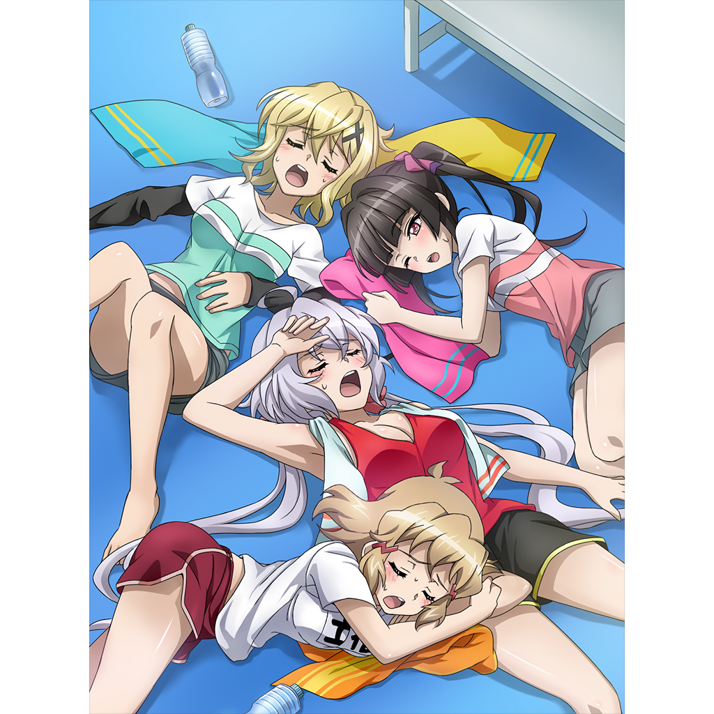 4girls akatsuki_kirika artist_request black_hair black_shorts blonde_hair blush breasts cleavage closed_eyes grey_shorts gym_shorts gym_uniform hair_ornament hair_ribbon lap_pillow large_breasts lying multiple_girls official_art on_back on_floor on_side one_eye_closed open_mouth red_eyes red_shorts ribbon senki_zesshou_symphogear senki_zesshou_symphogear_xd_unlimited shiny shiny_hair short_hair shorts silver_hair small_breasts sweat tachibana_hibiki_(symphogear) tsukuyomi_shirabe twintails x_hair_ornament yukine_chris