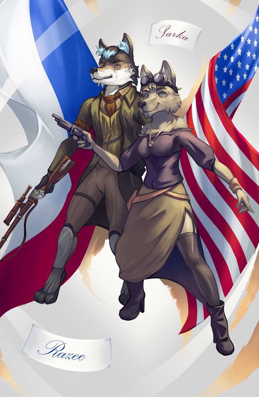 2020 anthro black_nose blue_eyes blue_hair boots breasts canid canine canis clothed clothing coyote czech_flag detailed_background dress duo english_text eyebrows eyewear female footwear fox fully_clothed fur goggles gun hair hi_res inner_ear_fluff legwear male mammal necktie pantyhose pimpartist ranged_weapon rifle scope shotgun standing stars_and_stripes steampunk stockings text traditional_media_(artwork) tuft united_states_of_america weapon