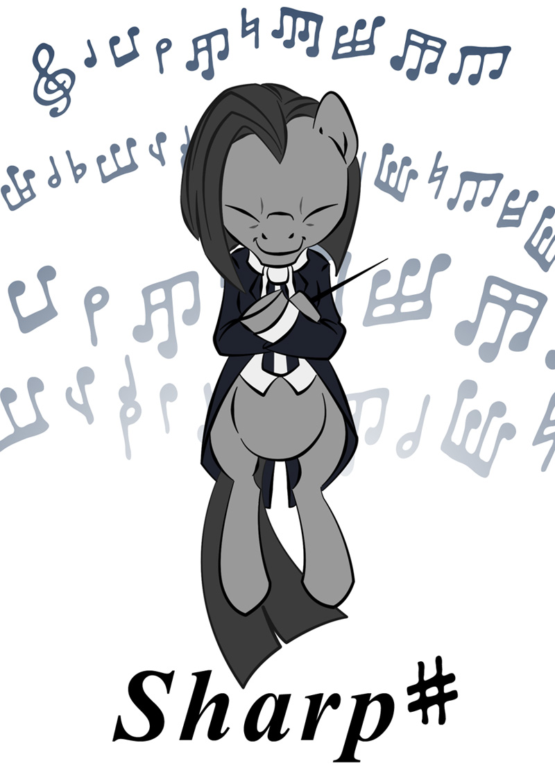 2012 black_hair clothed clothing conductor conductor_pony_(mlp) digital_media_(artwork) english_text equid equine eyes_closed fur grey_body grey_fur hair hasbro horse mammal music musical_note my_little_pony necktie pony simple_background smile suit text white_background zillford