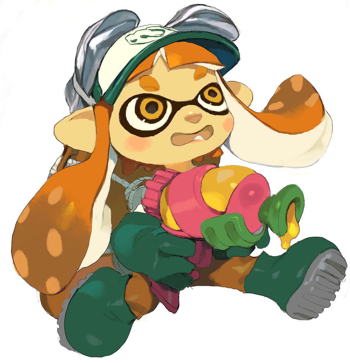 2018 ambiguous_gender animal_humanoid boots cephalopod cephalopod_humanoid clothed clothing footwear gloves gun handwear hat headgear headwear hi_res holding_gun holding_object holding_weapon humanoid humanoid_pointy_ears inkling koki looking_up marine marine_humanoid mollusk mollusk_humanoid nintendo pseudo_hair ranged_weapon simple_background solo splatoon tentacle_hair tentacles video_games weapon white_background