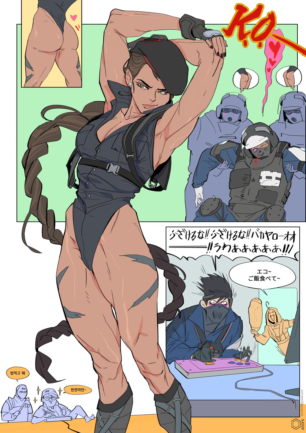 1girl 6+boys aisofink_f alternate_costume arcade_stick armpits arms_up ass beret black_headwear black_leotard black_nails bodypaint braid breasts brown_hair cammy_white cammy_white_(cosplay) camouflage caveira_(rainbow_six_siege) character_request cleavage controller cosplay dark_skin dark_skinned_female earrings fingerless_gloves fingernails game_controller gloves green_eyes harness hat highleg highleg_leotard highres jewelry joystick k.o. korean_text leotard lips long_braid long_hair medium_breasts multiple_boys rainbow_six rainbow_six_siege single_braid sleeveless solo_focus standing street_fighter street_fighter_v stretch thick_thighs thighs thong_leotard trait_connection translation_request very_long_hair