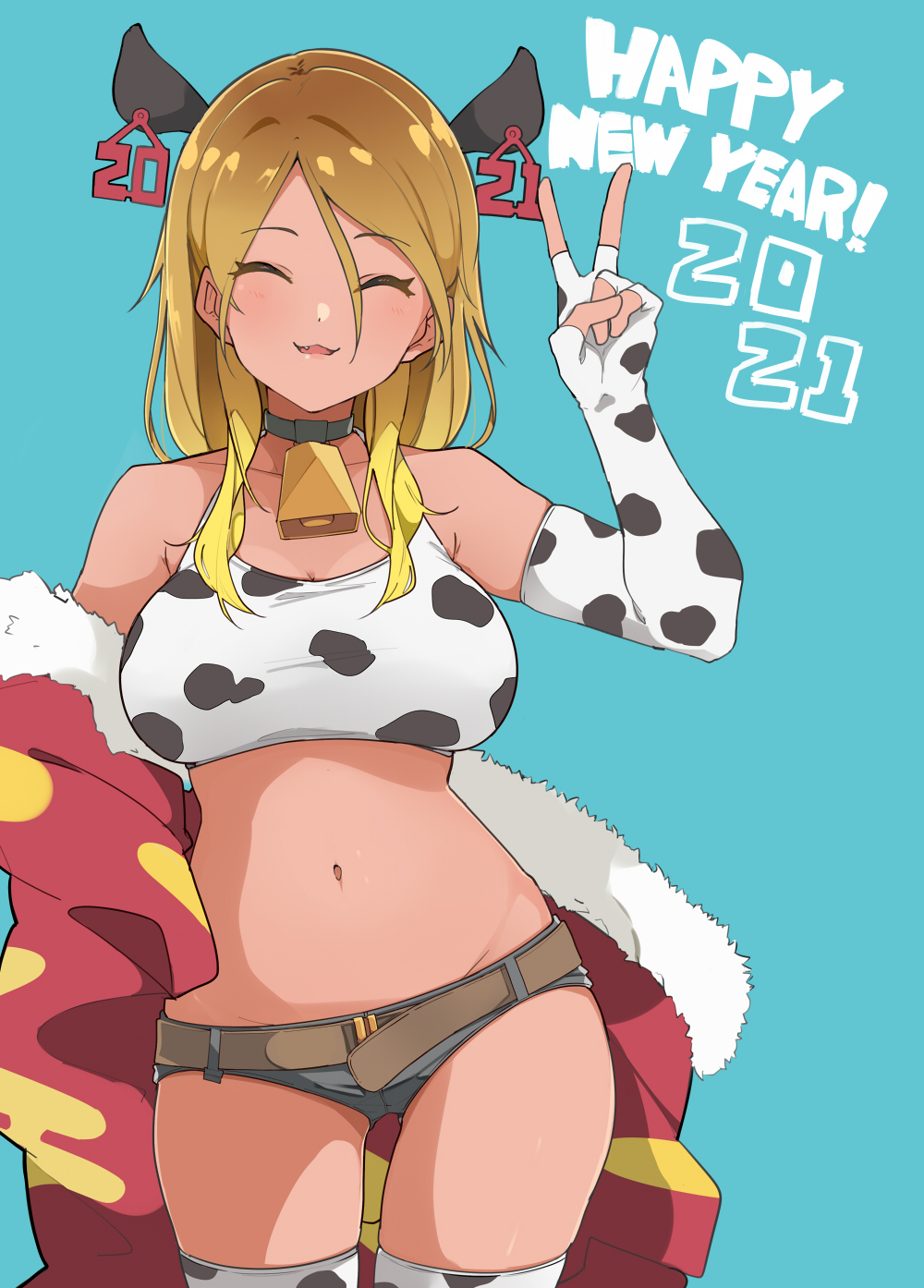 1girl 2021 :3 animal_collar animal_ears animal_print bell bell_collar belt black_collar black_shorts blonde_hair blue_background breasts brown_belt chinese_zodiac closed_eyes coat collar commentary cow_ears cow_print cowboy_shot crop_top elbow_gloves english_text facing_viewer fang fingerless_gloves gloves happy_new_year haseneko highres large_breasts long_hair long_sleeves looking_at_viewer micro_shorts navel new_year off_shoulder open_mouth original print_gloves print_legwear print_shirt red_coat shirt shorts simple_background skindentation smile solo standing thighhighs v white_legwear white_shirt year_of_the_ox