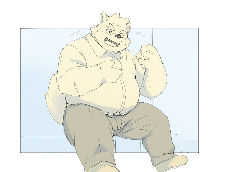 2021 4:3 anthro bottomwear canid canine canis clothing domestic_dog eating food inunoshippo kemono male mammal moritaka overweight overweight_anthro overweight_male pants scar shirt sitting slightly_chubby solo tokyo_afterschool_summoners topwear video_games