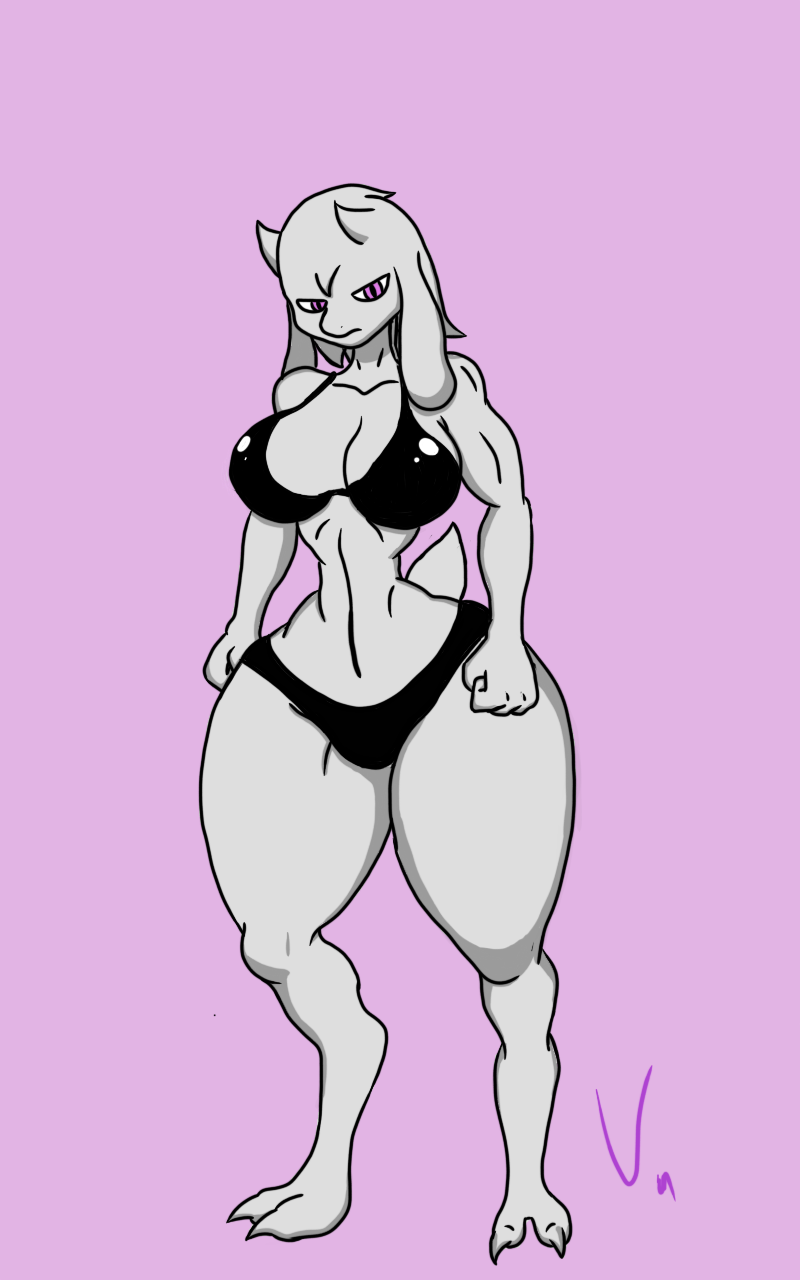 abs anthro big_breasts big_butt bikini breasts butt cat_lamb_hybrid clothing cute_tail female hi_res horn humanoid intimidating mewlia pink_eyes pose solo swimwear thick_thighs vamrack wide_hips