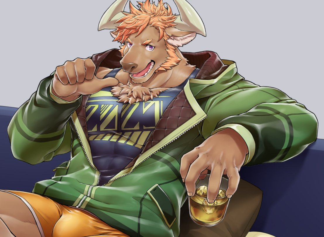 1boy animal_ears bara blue_tank_top boxers brown_fur bulge chest_hair chinese_zodiac covered_abs cow_ears cow_horns cup drinking_glass furry green_jacket hood hooded_jacket horns jacket large_pectorals long_sideburns looking_at_viewer male_focus male_underwear mature_male minotaur muscular muscular_male open_clothes open_jacket orange_hair orange_male_underwear original purple_eyes scrawl_naguri short_hair sitting smile solo tank_top underwear unzipped wine_glass year_of_the_ox