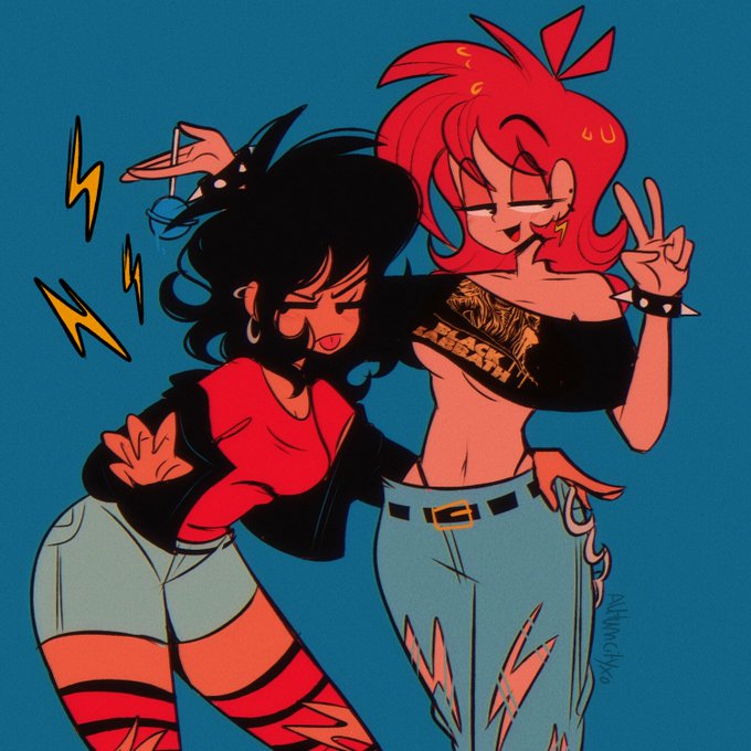 2girls artist_name autumncityxo baggy_pants belt black_hair black_sabbath black_shirt blue_background blue_pants blue_shorts bracelet breasts crop_top earrings image_sample jacket jewelry leggings lightning_bolt lightning_bolt_earrings loose_pants merchandise midriff multiple_girls navel open_clothes open_jacket original pants red_hair red_shirt shirt shorts spiked_bracelet spikes tongue tongue_out torn_clothes twitter_sample underboob v yuri