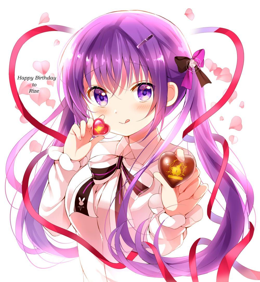 1girl gochuumon_wa_usagi_desu_ka? hair_ribbon koi_(koisan) official_art purple_eyes purple_hair ribbon solo tedeza_rize twintails upper_body valentine