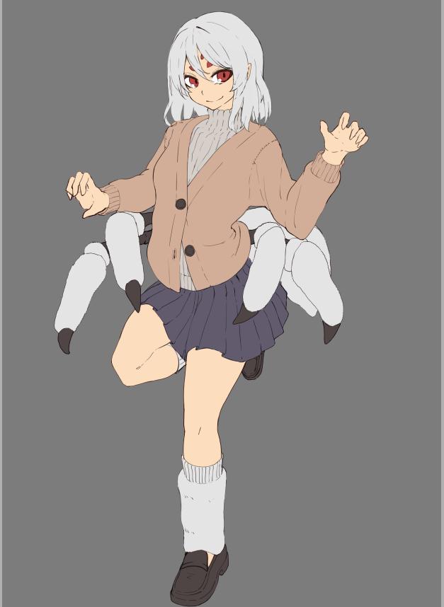 1girl arthropod_legs blue_skirt brown_cardigan brown_footwear cardigan claw_pose closed_mouth extra_eyes full_body grey_background grey_hair grey_sweater hands_up hitokuirou insect_girl leg_warmers loafers long_sleeves looking_at_viewer lunitra_(hitokuirou) medium_hair miniskirt monster_girl original red_eyes ribbed_sweater shoes simple_background skirt smile solo spider_girl standing standing_on_one_leg sweater