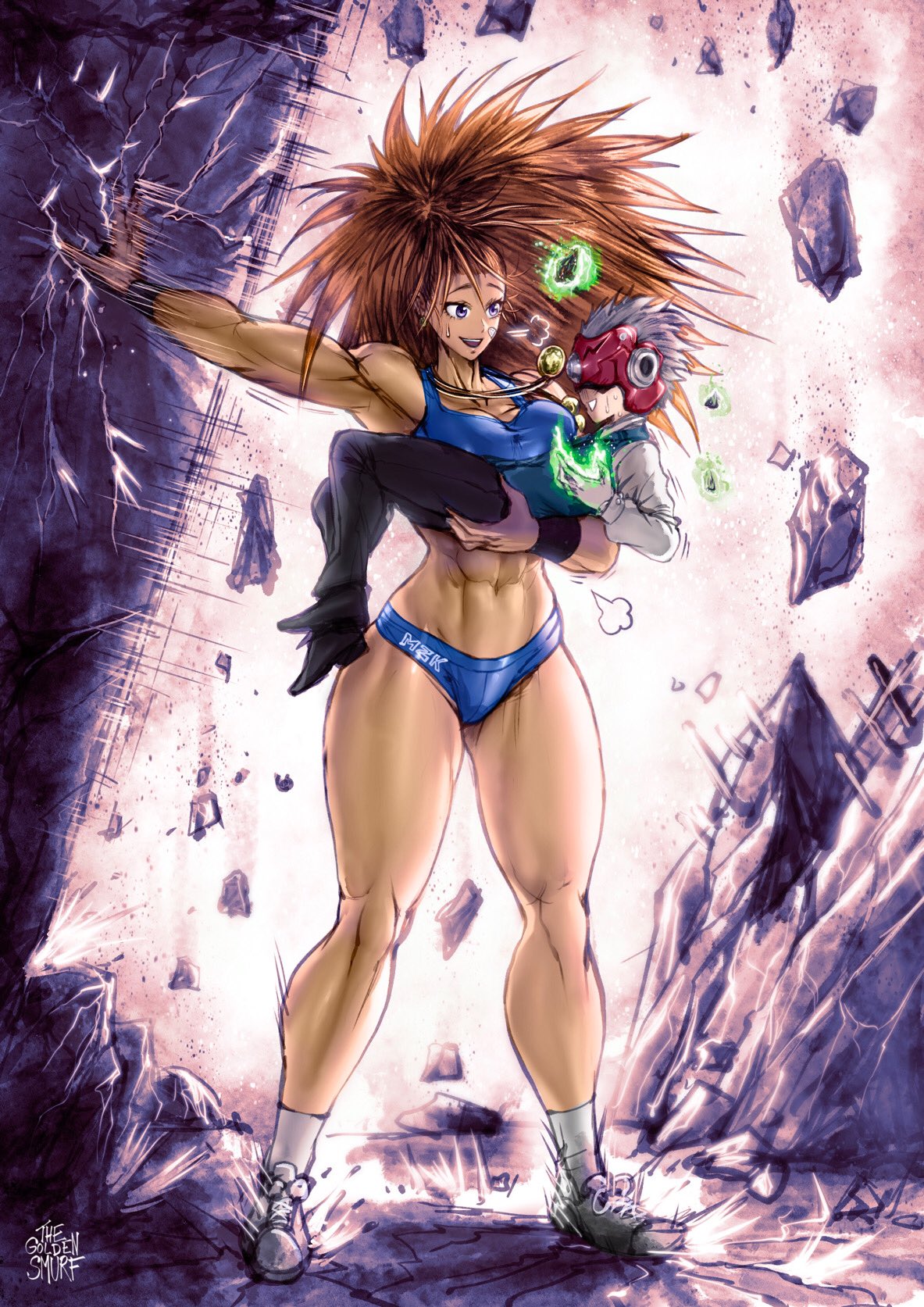 1boy 1girl abs bandaid bandaid_on_cheek bandaid_on_face biceps big_hair blue_shorts blue_sports_bra breasts brown_hair captain_mizuki carrying english_commentary fire floating_rock full_body gearsper green_fire gym_shorts height_difference helmet hetero highres large_breasts long_hair long_legs looking_at_viewer medal medallion midriff muscular muscular_female one-eyed one-punch_man princess_carry purple_eyes revision role_reversal rubble shoes shorts sneakers socks spiked_hair sports_bra strong sweatdrop sweater_vest tall_female telekinesis the_golden_smurf thick_thighs thighs