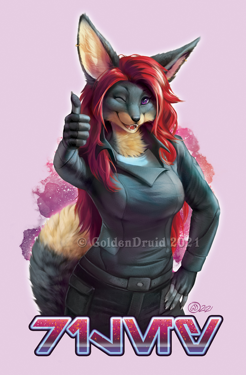 2021 5_fingers anthro black_body black_fur black_nose breasts canid canine clothed clothing digital_media_(artwork) female fingers fox fur goldendruid hair hi_res mammal open_mouth red_hair smile tan_body tan_fur teeth tongue