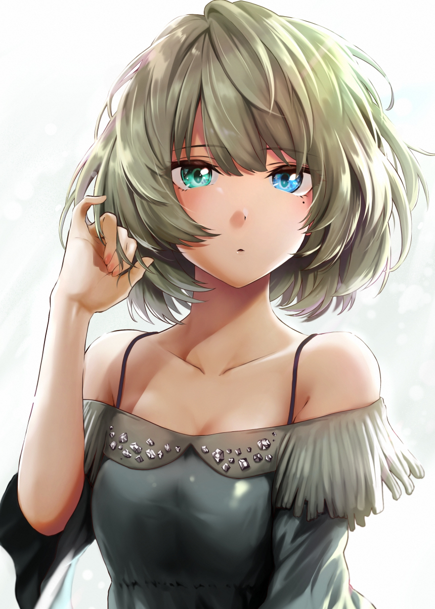 1girl adjusting_hair bangs bare_shoulders blue_eyes breasts cleavage collarbone commentary_request eyebrows_visible_through_hair fringe_trim glowing green_eyes green_hair heterochromia highres idolmaster idolmaster_cinderella_girls medium_breasts mole mole_under_eye parted_lips short_hair simon_(n.s_craft) solo takagaki_kaede upper_body