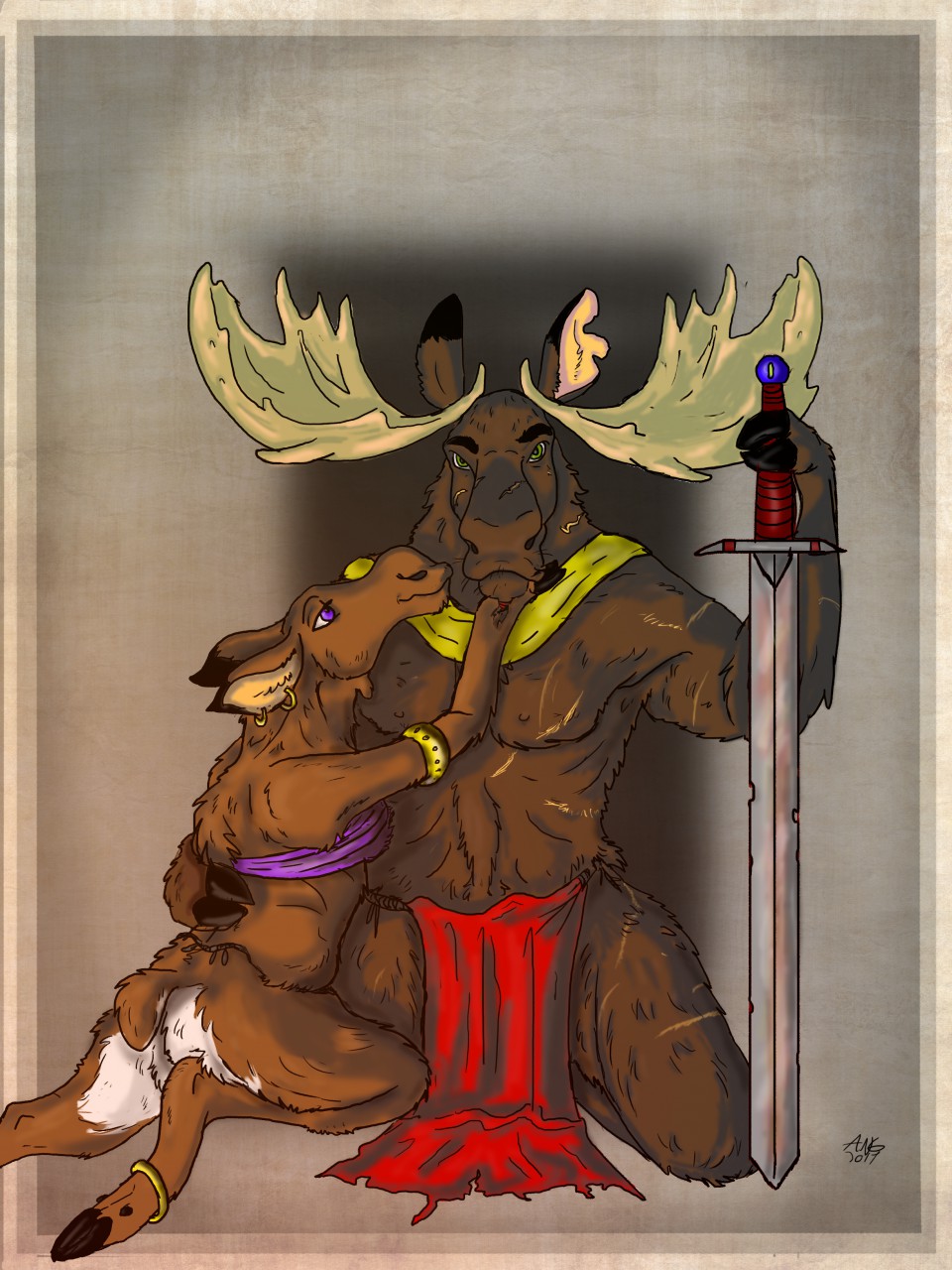 2017 angart_(artist) anklet anthro antlers arm_jewelry barbarian bottomwear breasts brown_body brown_fur butt capreoline cervid chest_wraps clothed clothing duo ear_piercing ear_ring female fur hand_on_back hand_on_chin hi_res holding_object holding_sword holding_weapon hooves horn jewelry kneeling loincloth looking_at_another looking_at_partner looking_at_viewer looking_up male male/female mammal married_couple melee_weapon moose notched_ear piercing scar signature sword topless topless_male unguligrade_anthro warrior weapon white_butt wraps