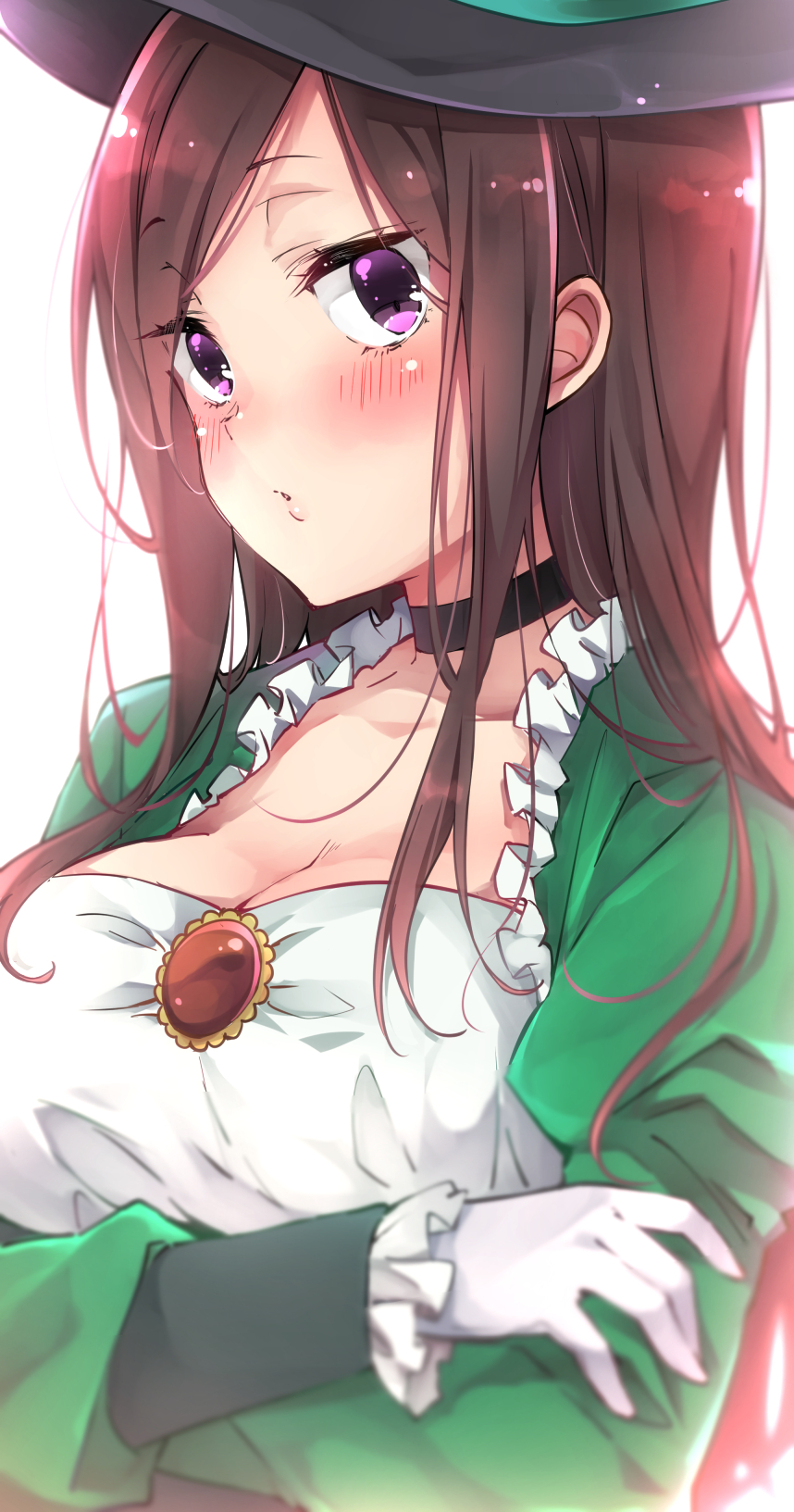 1girl black_choker blush breasts brooch brown_hair choker cleavage close-up commentary crossed_arms dorothy_(princess_principal) dress face frilled_dress frilled_sleeves frills green_dress hair_over_shoulder hat highres jewelry large_breasts long_hair long_sleeves looking_at_viewer parted_lips princess_principal puffy_sleeves purple_eyes sideways_glance simple_background sk02 solo two-tone_dress upper_body white_background white_dress