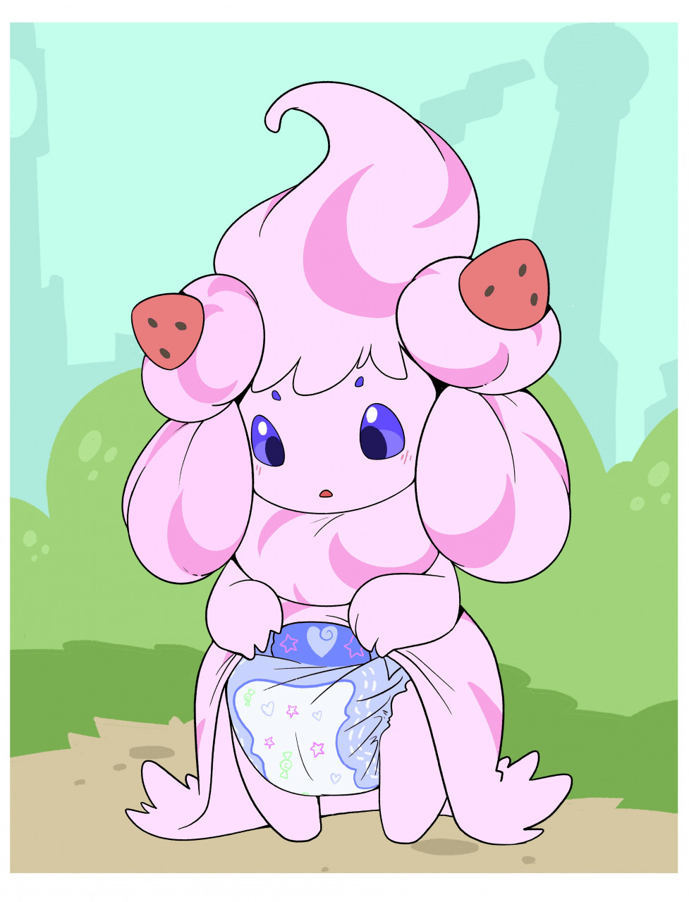 2021 alcremie anthro blush bottomwear breath clean_diaper clenched_fists clothed clothing confused_face confused_look confusion cuddlehooves cute_expression cute_eyes cute_face dessert diaper exposed exposed_diaper female fist food food_creature hi_res holding_bottomwear holding_clothing holding_object holding_pants ice_cream nintendo open_mouth outside padding pants pattern_diaper pok&eacute;mon pok&eacute;mon_(species) purple_eyes solo standing standing_position star surprise surprised_expression surprised_eyes surprised_face surprised_look video_games wetness_indicator