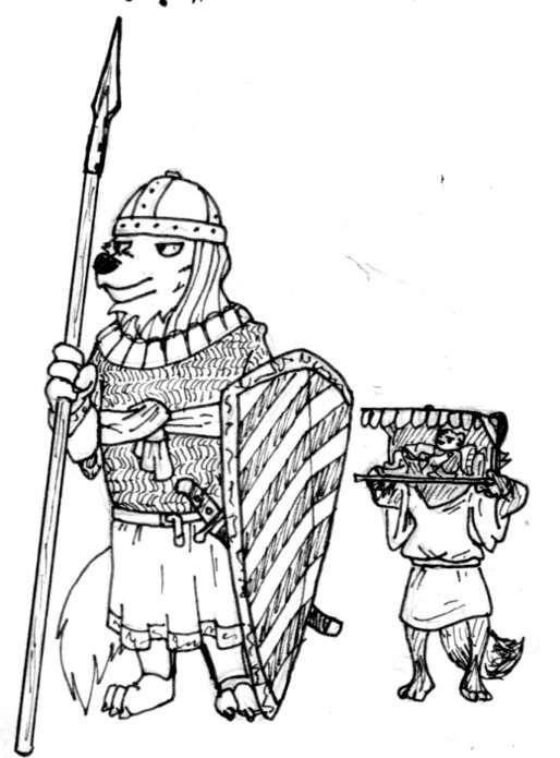 2016 3_toes 4_fingers ambiguous_gender ambiguous_species ancient anthro armor belt black_nose byzantine canid chainmail cheek_tuft clothing cuirass dipstick_tail facial_tuft feet fingers fur group half-closed_eyes headgear heater_shield helm helmet holding_object holding_shield holding_spear holding_weapon larger_male leg_markings looking_aside lying male mammal markings melee_weapon multicolored_tail narrowed_eyes on_side palanquin pillow polearm rodent saber scabbard servant sheathed_weapon shield simple_background size_difference smaller_ambiguous socks_(marking) spear spiff sword toes traditional_media_(artwork) tuft tunic weapon white_background white_body white_fur