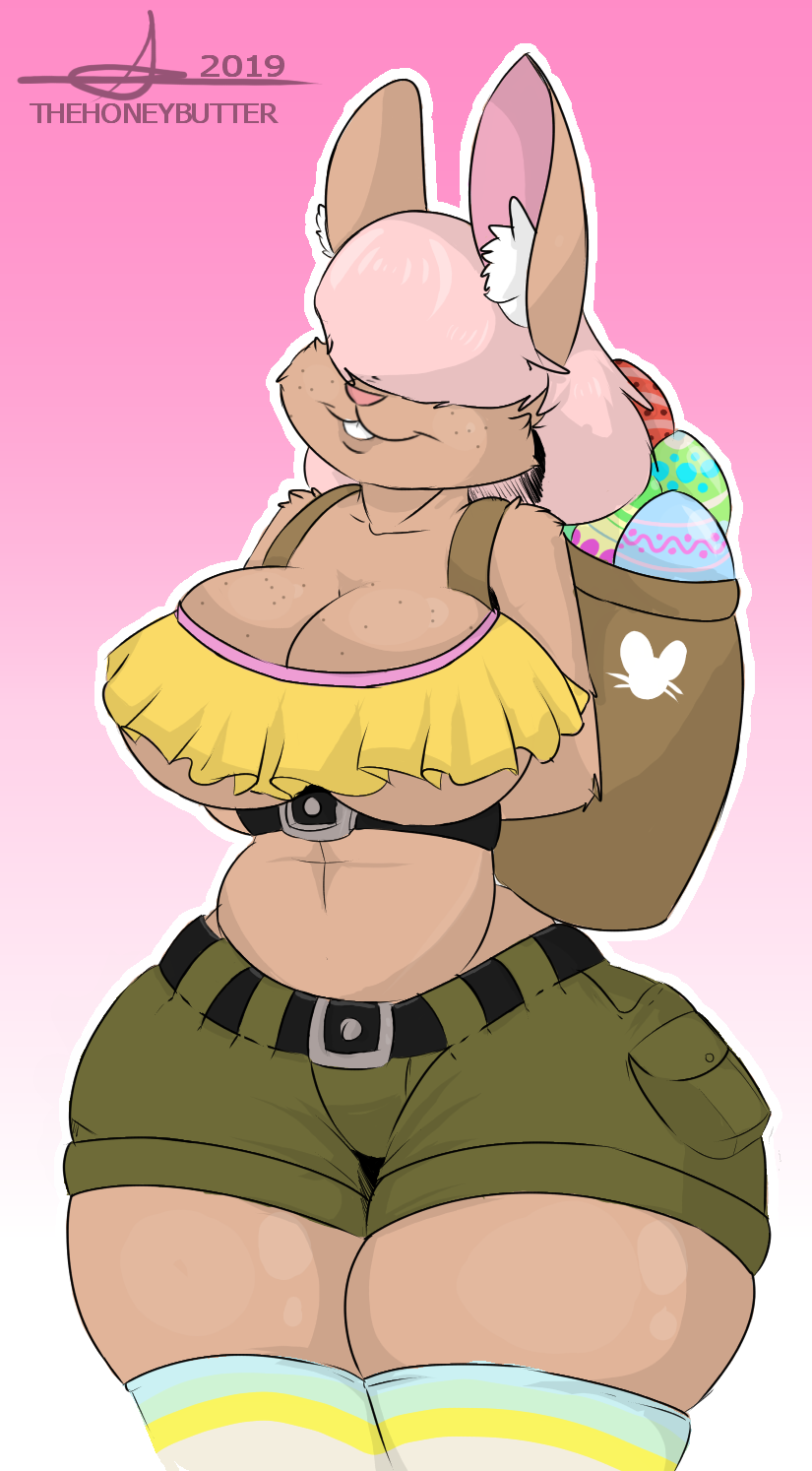 2019 anthro backpack belt big_breasts bottomwear breasts cleavage clothed clothing curvy_figure digital_media_(artwork) easter easter_egg female fur gradient_background hair hair_over_eyes hi_res holidays hotpants hourglass_figure lagomorph legwear leporid mammal pink_hair rabbit shorts simple_background skimpy solo squish standing tan_body teeth thehoneybutter thick_thighs thigh_highs thigh_squish under_boob wide_hips