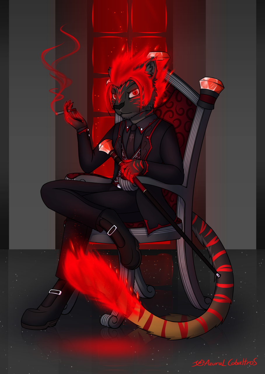 angry_eyes anthro azural_cobaltros boots chair cigarette clothed clothing crimson fire_in_hair footwear furniture gem hi_res invalid_tag magic_user male necktie red solo staff suit tail_fire