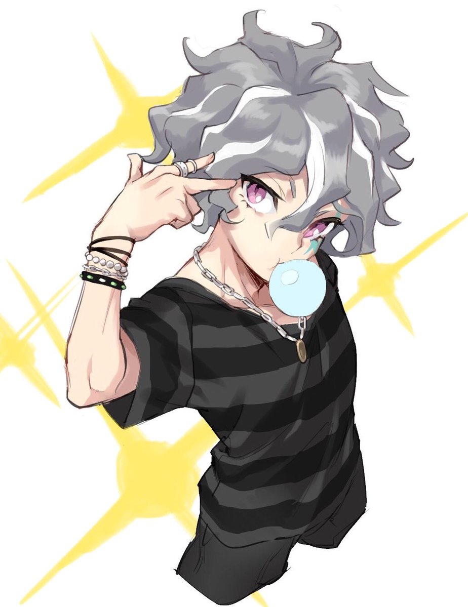 bubble_blowing chewing_gum dark_skin dark_skinned_male from_above grey_hair inazuma_eleven_(series) looking_at_viewer male_focus purple_eyes silver_hair simple_background solo wavy_hair white_background