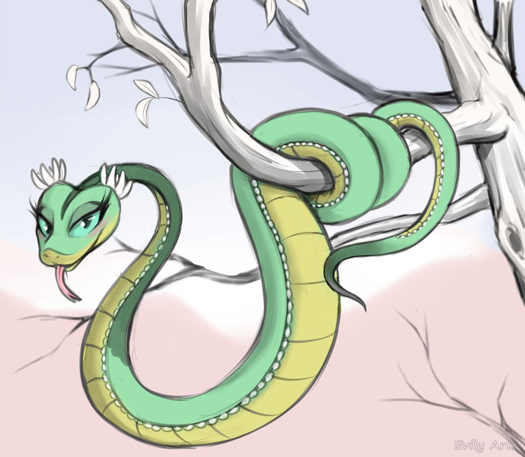2021 blurred_background day detailed_background digital_media_(artwork) dreamworks evilymasterful female feral in_tree kung_fu_panda master_viper outside plant reptile scalie sky smile snake solo tongue tongue_out tree