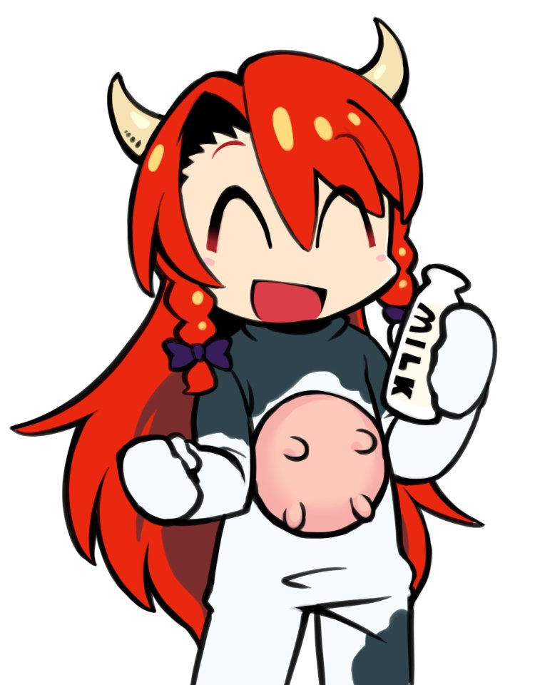 1girl ^_^ alternate_costume animal_costume animal_print bottle braid chibi closed_eyes cow_costume cow_horns cow_print hair_ribbon hong_meiling horns kagehito long_hair milk_bottle red_hair ribbon touhou tress_ribbon twin_braids udder