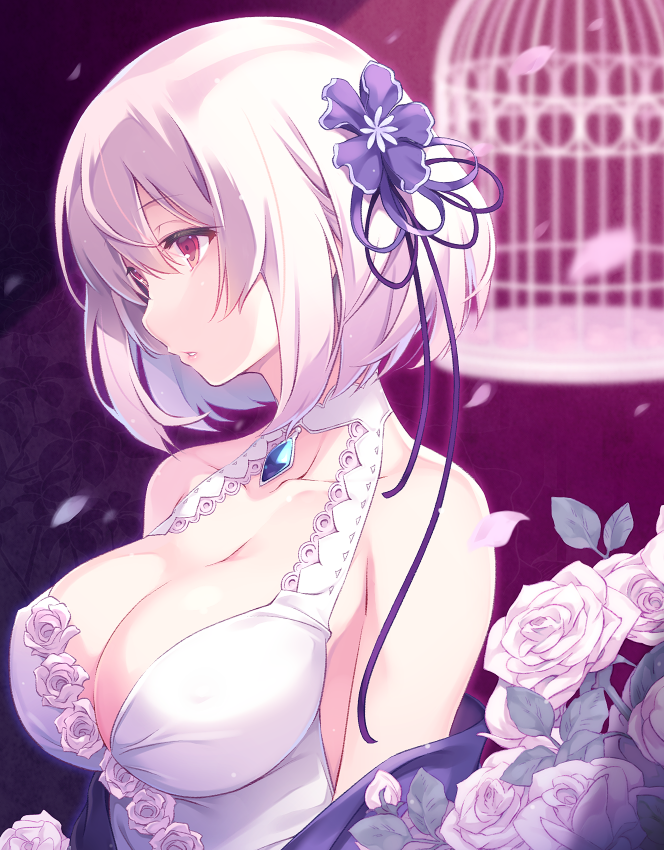 1girl azur_lane bangs birdcage breasts cage cleavage commentary_request dress eyebrows_visible_through_hair flower flower-trimmed_dress flower_trim hair_flower hair_ornament halter_dress halterneck itoichi. large_breasts looking_away official_alternate_costume petals profile red_eyes rose rose_petals sapphire_(gemstone) short_hair sirius_(azur_lane) sirius_(white_rose)_(azur_lane) solo white_dress white_flower white_hair white_rose