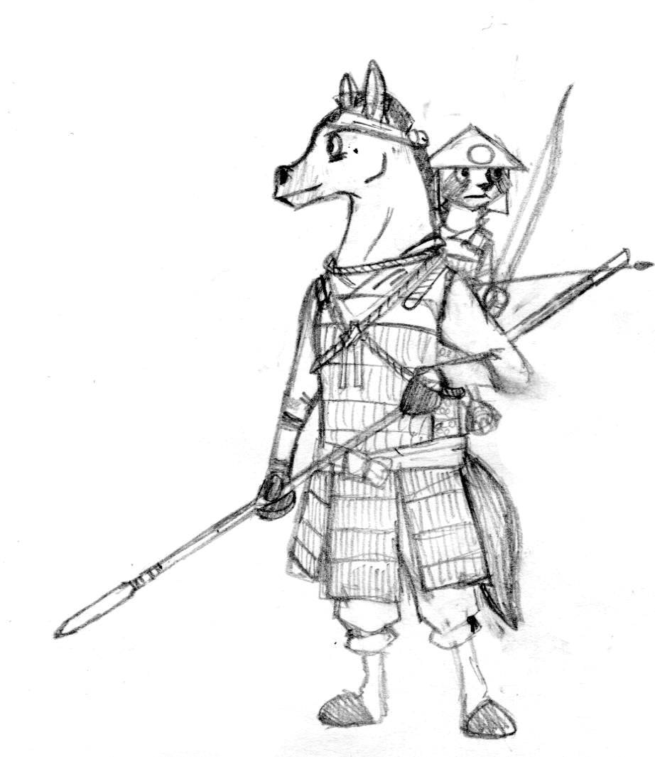 2016 ambiguous_gender anthro armor asian_conical_hat bandanna black_and_white black_hooves black_mane bow_(weapon) canid canine closed_smile clothing duo equid equine facial_markings facial_stripes fur graphite_(artwork) head_markings headgear headwear holding_object holding_polearm holding_spear holding_weapon hooves horse japan kerchief larger_male male mammal mane markings medieval_japan melee_weapon monochrome polearm raccoon_dog ranged_weapon rice_hat samurai samurai_armor short_mane short_maned simple_background size_difference smaller_ambiguous spear spiff striped_face stripes tanuki tenugui traditional_media_(artwork) warrior weapon white_background white_body white_fur yari_(weapon)