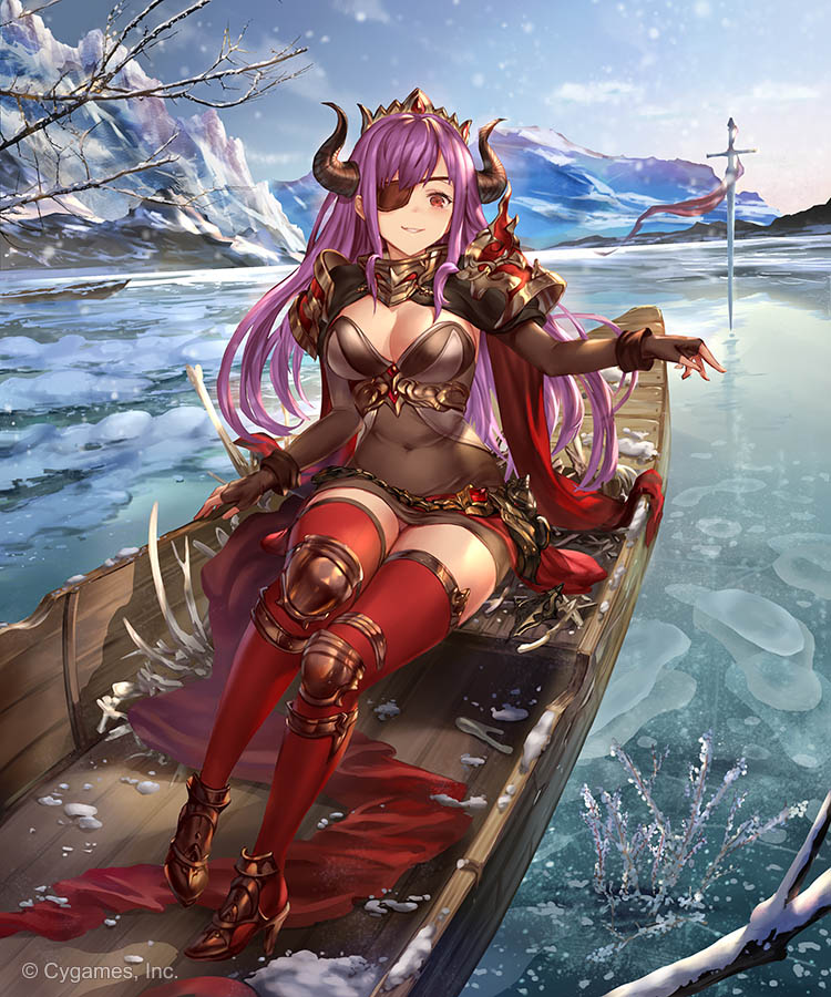 1girl 77gl armor armored_dress bangs boat breasts cleavage_cutout clothing_cutout day demon_horns eyepatch fingerless_gloves gloves high_heels horns large_breasts laura_(shadowverse) long_hair mountainous_horizon outdoors purple_hair red_eyes red_legwear shingeki_no_bahamut shoulder_armor sword thighhighs water watercraft weapon