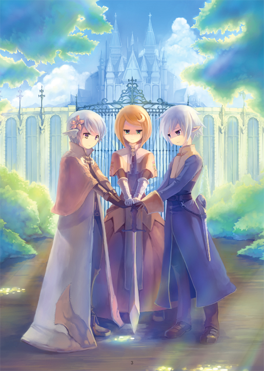 1girl 2boys acolyte_(ragnarok_online) bangs belt black_pants blonde_hair blue_sky bob_cut brown_belt brown_capelet brown_dress brown_footwear brown_gloves brown_pants brown_shirt bush cape cassock castle chest_guard cloud commentary_request crescent crescent_hair_ornament day dress feathered_wings floral_print flower gate gauntlets gloves grass hair_flower hair_ornament hands_together head_wings long_sleeves mage_(ragnarok_online) multiple_boys norapeko outdoors pants planted_sword planted_weapon pointy_ears ragnarok_online rose_print shirt shoes short_hair sky standing swept_bangs sword swordsman_(ragnarok_online) tree weapon white_cape white_hair white_wings wings