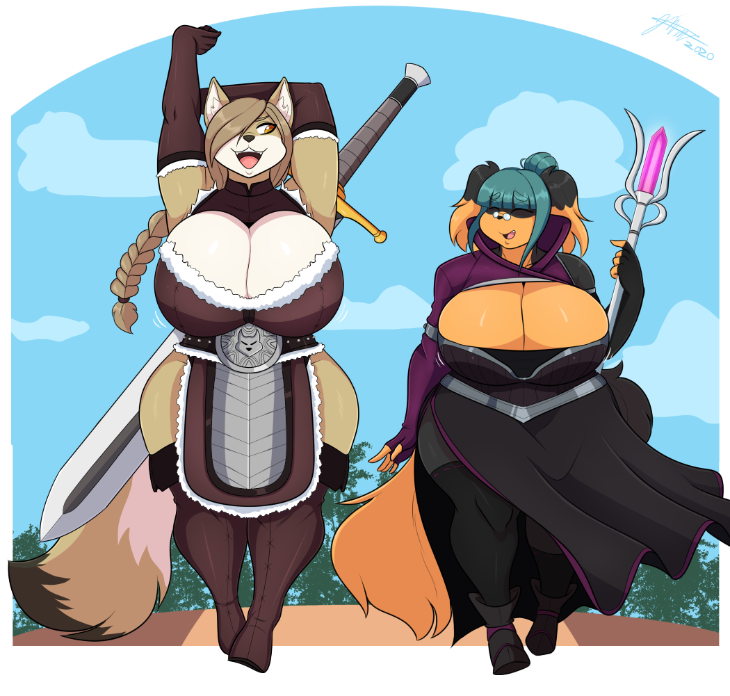 anthro big_breasts braided_ponytail breasts canid canine canis cheyenne_(inu-dono) cleavage clothed clothing coyote domestic_dog duo eyewear female glasses huge_breasts hyper hyper_breasts jwinkz mammal melee_weapon staff sword weapon zoey_(jwinkz)