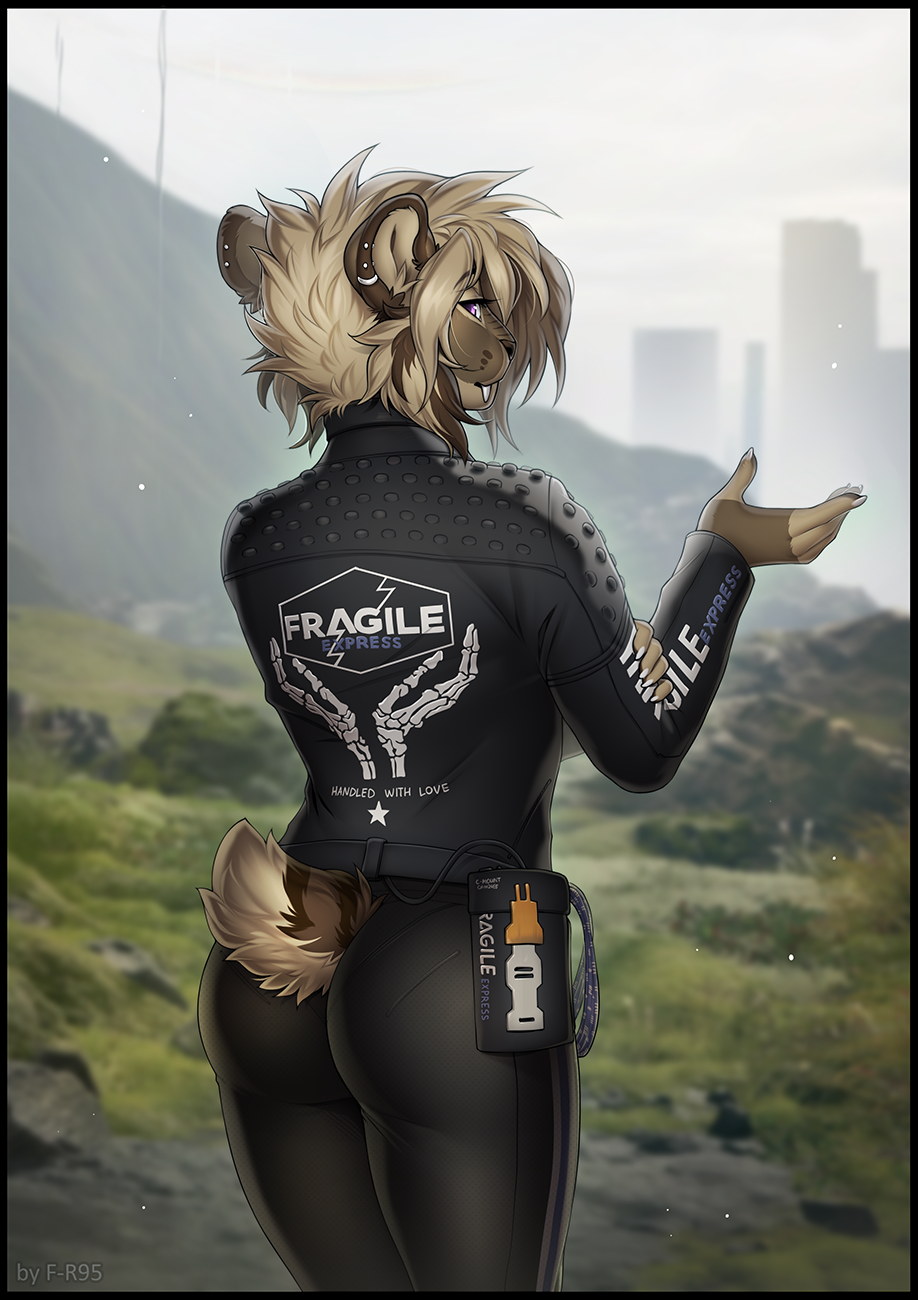 anthro black_border border brown_body brown_fur butt clothed clothing death_stranding english_text f-r95 falla felid female fur hair hi_res machairodontine mammal purple_eyes shirt smilodon solo tan_body tan_fur tan_hair text tight_clothing topwear