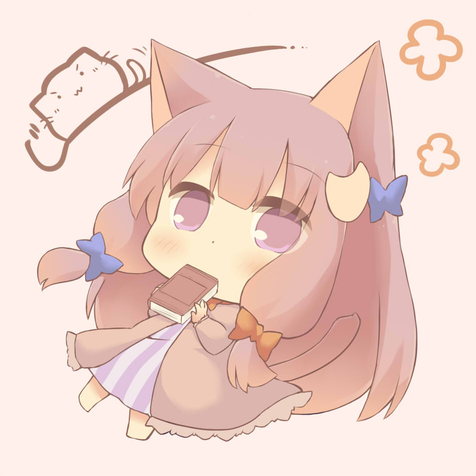 1girl animal_ears bangs barefoot blue_bow blush book bow brown_background brown_bow cat_ears cat_girl cat_tail catchouli chibi commentary covered_mouth crescent crescent_hair_ornament dress eyebrows_visible_through_hair full_body hair_bow hair_ornament hazuki_ruu holding holding_book long_hair looking_at_viewer minigirl patchouli_knowledge purple_dress purple_eyes purple_hair solo striped tail touhou vertical-striped_dress vertical_stripes very_long_hair