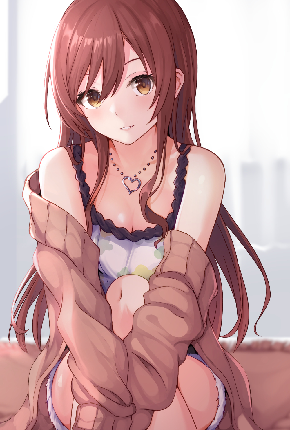 1girl alisia0812 bangs bare_shoulders breasts brown_eyes brown_hair brown_jacket camisole cleavage crossed_legs eyebrows_visible_through_hair fur-trimmed_shorts fur_trim hair_between_eyes heart heart_necklace highres idolmaster idolmaster_shiny_colors jacket knees_up long_hair long_sleeves looking_at_viewer medium_breasts off_shoulder oosaki_amana open_clothes open_jacket parted_lips short_shorts shorts sitting sleeves_past_fingers sleeves_past_wrists smile solo very_long_hair white_camisole