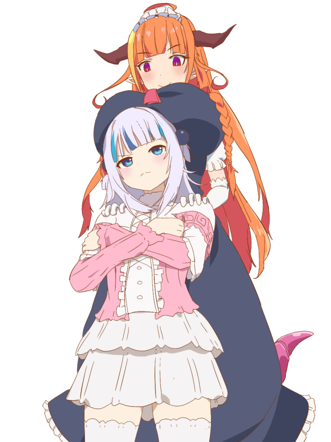 2girls annoyed bangs blonde_hair blue_eyes blunt_bangs blush breast_rest breasts breasts_on_head cosplay crossed_arms dragon_girl dragon_horns dragon_tail elbow_gloves english_commentary gawr_gura gloves greatveemon hands_on_another's_shoulders hololive hololive_english horns kanna_kamui kanna_kamui_(cosplay) kiryuu_coco kobayashi-san_chi_no_maidragon large_breasts maid_headdress multicolored_hair multiple_girls orange_hair silver_hair smile streaked_hair tail tohru_(maidragon) tohru_(maidragon)_(cosplay) trait_connection v-shaped_eyebrows virtual_youtuber white_gloves