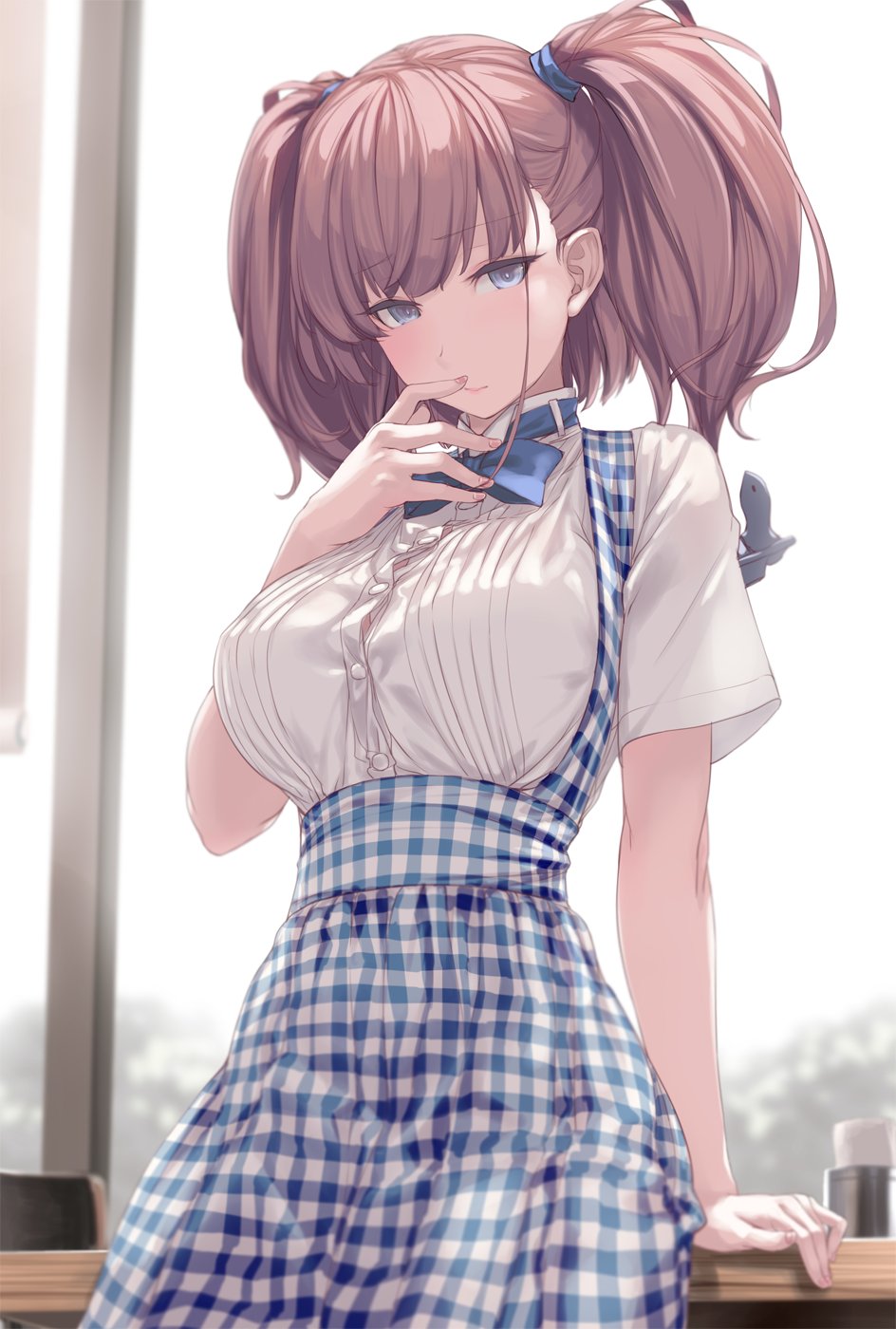 1girl alternate_costume anchor_hair_ornament artist_name atlanta_(kancolle) blush bow bowtie breasts brown_hair buttons closed_mouth commentary_request eyebrows_visible_through_hair finger_to_mouth grey_eyes hair_ornament high-waist_skirt highres indoors kantai_collection kobeya_uniform large_breasts long_hair looking_at_viewer plaid revision rokuwata_tomoe shirt short_sleeves signature simple_background skirt solo suspender_skirt suspenders table twitter_username two_side_up upper_body white_background white_shirt