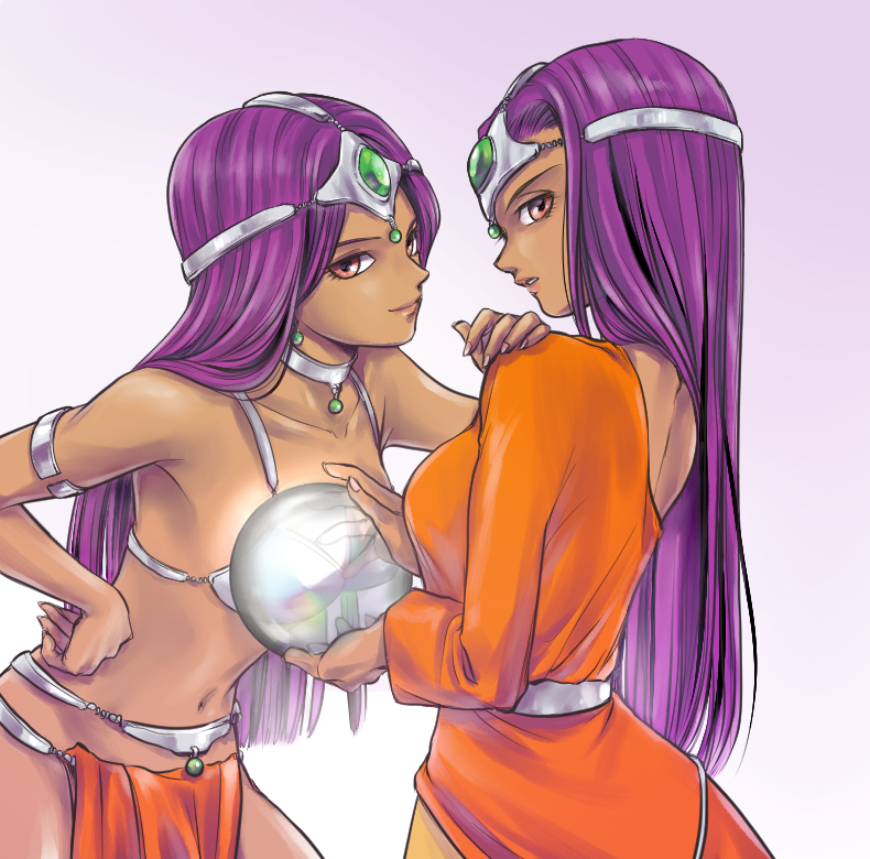 2girls asymmetrical_clothes ball breasts chinyan circlet collarbone commentary_request crystal_ball dancer's_costume_(dq) dark_skin dark_skinned_female dragon_quest dragon_quest_iv dress holding holding_ball loincloth long_hair looking_at_viewer manya minea multiple_girls orange_dress pelvic_curtain purple_eyes purple_hair siblings sisters