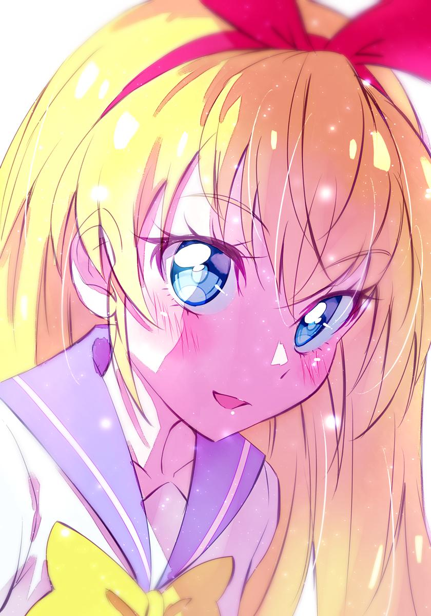 1girl :d bangs blonde_hair blue_eyes blush bow collarbone collared_shirt dokidoki!_precure eyebrows_visible_through_hair hair_between_eyes hair_bow hairband highres kyoutsuugengo long_hair oogai_daiichi_middle_school_uniform open_mouth portrait precure purple_sailor_collar red_bow red_hairband regina_(dokidoki!_precure) sailor_collar sailor_shirt school_uniform shiny shiny_hair shirt sketch smile solo white_shirt yellow_neckwear