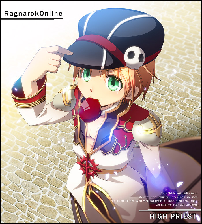 1boy adjusting_clothes adjusting_headwear bangs black_coat black_headwear blonde_hair cabbie_hat character_name closed_mouth coat cobblestone commentary_request copyright_name cowboy_shot cup day english_text eyebrows_visible_through_hair german_text green_eyes hat high_priest_(ragnarok_online) holding holding_staff layered_clothing long_sleeves male_focus mixed-language_text mouth_hold nip_sakazuki outdoors ragnarok_online short_hair skull skull_hat_ornament solo staff stone_floor sunlight translation_request white_coat