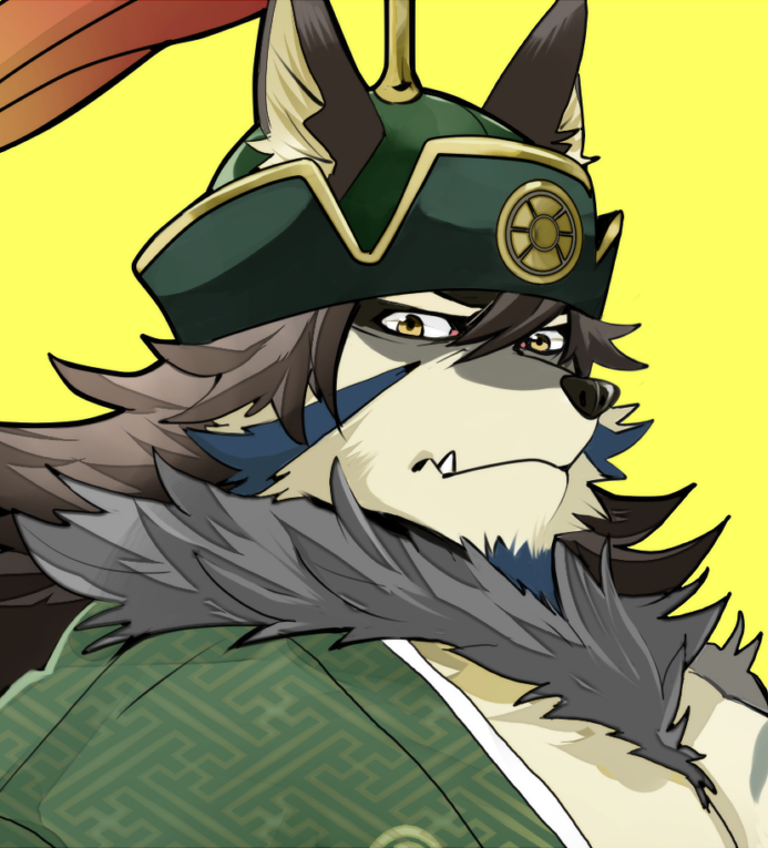 1boy animal_ears bara bare_pecs beige_fur brown_hair chest_hair close-up expressionless face facial_hair fang furry goatee green_headwear green_kimono hadanugi_dousa hair_between_eyes japanese_clothes kimono large_pectorals long_hair looking_at_viewer male_focus mature_male muscular muscular_male navel ohayashi55 portrait solo stomach temujin_(tokyo_houkago_summoners) tokyo_houkago_summoners wolf_boy wolf_ears