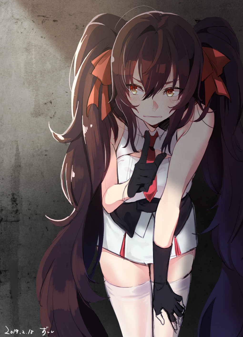 1girl bangs black_gloves blush breasts brown_eyes commentary_request concrete dated finger_to_mouth fingerless_gloves girls_frontline gloves hair_between_eyes hair_ribbon highres leaning_forward long_hair looking_to_the_side necktie qbz-97_(girls_frontline) red_neckwear ribbon ripod shadow shirt shushing skirt sleeveless sleeveless_shirt solo thighhighs twintails very_long_hair white_legwear yellow_eyes