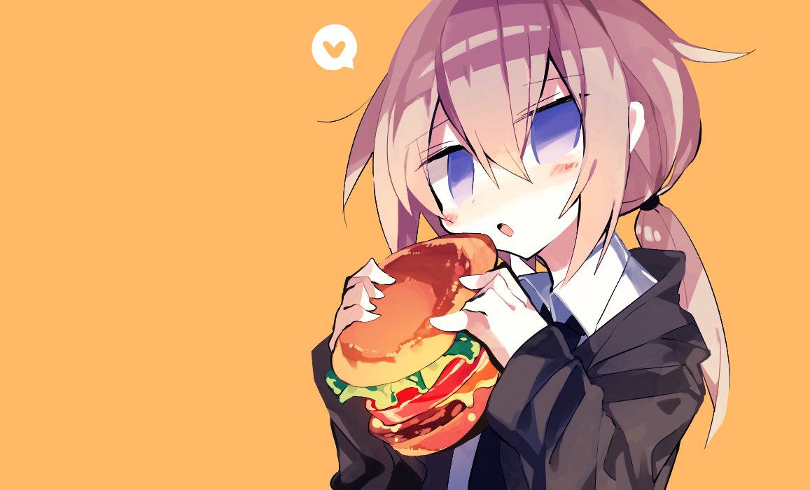 1girl bangs black_neckwear blush collared_shirt eating eyebrows_visible_through_hair food girls_frontline grey_hair hair_between_eyes hamburger heart holding jacket long_hair long_sleeves looking_at_viewer m200_(girls_frontline) meto_(metrin) necktie open_mouth orange_background ponytail purple_eyes shirt solo spoken_heart white_shirt