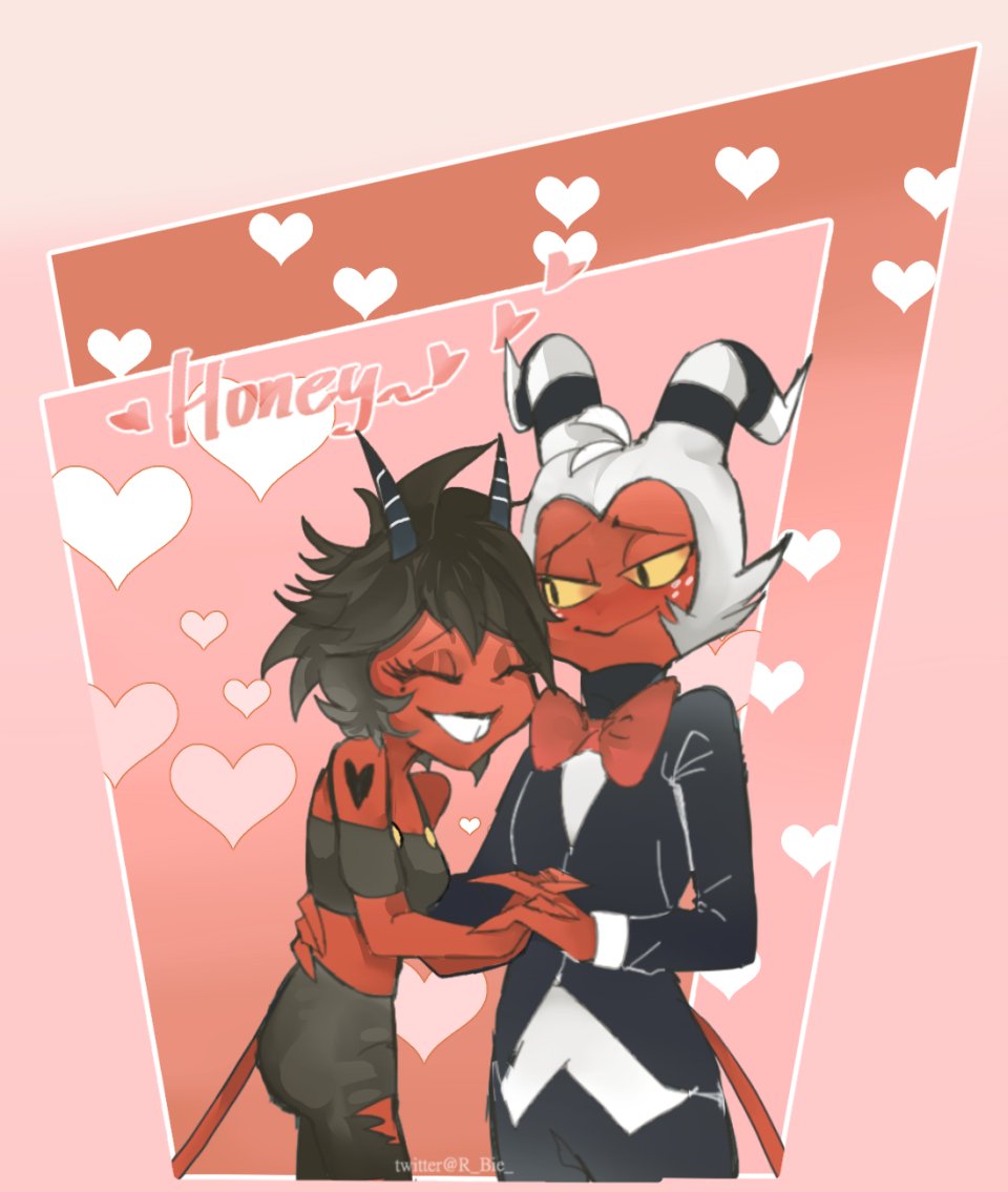 black_hair blush breasts clothed clothing demon duo female hair helluva_boss horn humanoid love male male/female millie_(vivzmind) moxxie_(vivzmind) open_mouth open_smile r_bie red_body romantic_ambiance romantic_couple simple_background smile teeth white_hair