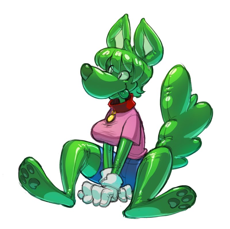 2019 animate_inanimate anthro astralantipode bottomwear breasts canid canine canis clothing domestic_dog female gloves green_hair green_tongue hair handwear inflatable living_inflatable mammal pawpads shirt shorts simple_background smile solo tongue topwear white_background