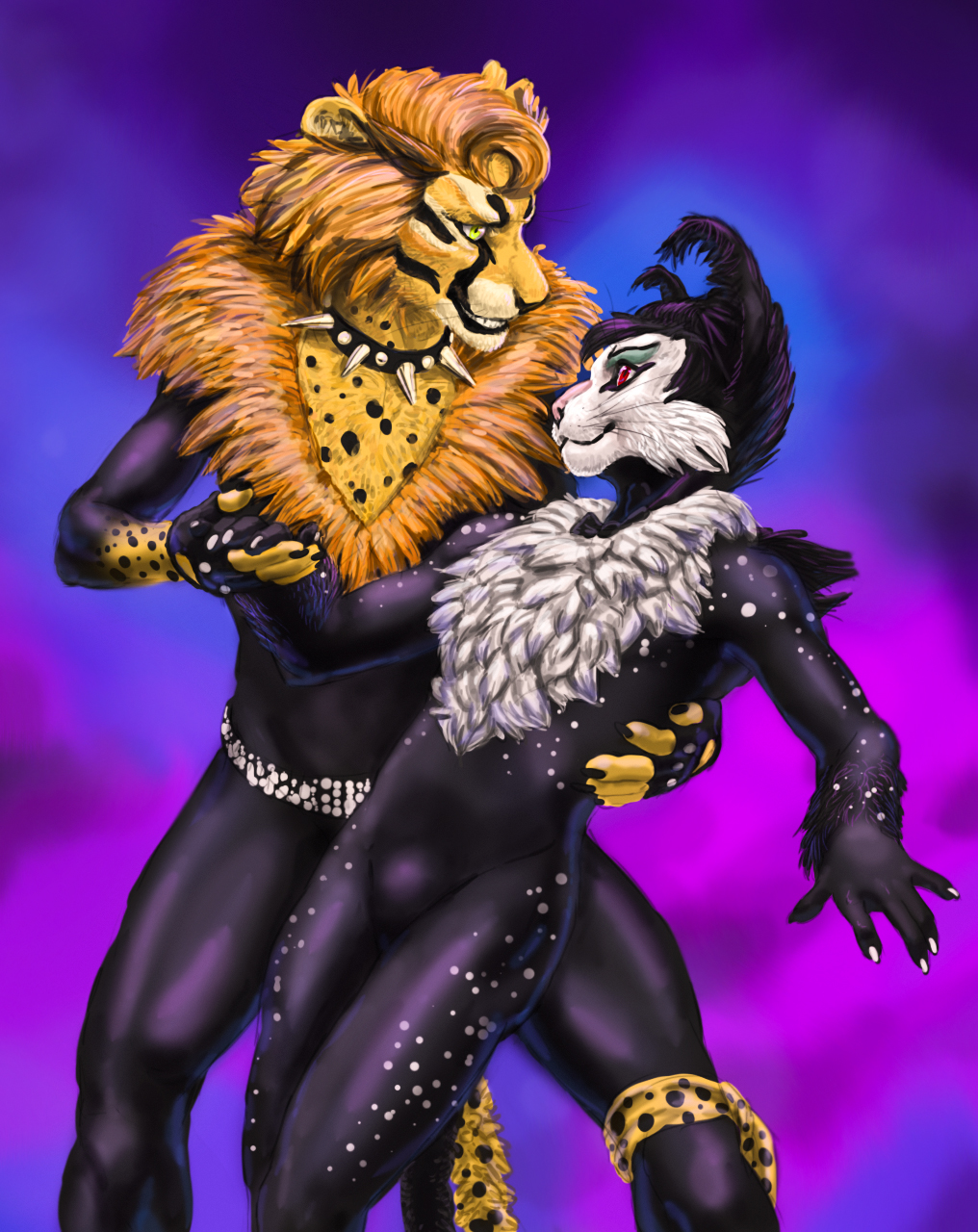 a_inc a_inc_(character) anthro black_body black_fur black_hair black_nose bulge cats_(musical) cheetah claws clothed clothing collar dancing domestic_cat duo felid feline felis floppy_ears fluffy fur gloves green_eyes hair hand_holding hand_on_back handwear hi_res male male/male mammal orange_hair pantherine pascal_(jeffusherb) pink_nose pose purple_background red_eyes rubber rubber_suit simple_background smile spiked_collar spikes spots tight_clothing whiskers white_face yellow_body yellow_fur