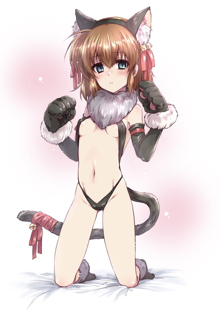 1girl animal_ears bangs bed_sheet bikini black_bikini black_footwear black_gloves blue_eyes bow breasts brown_hair cat_tail closed_mouth commentary_request elbow_gloves expressionless eyebrows_visible_through_hair fake_animal_ears fake_tail frown full_body fur_collar gloves groin kneeling kuroi_mimei looking_at_viewer lyrical_nanoha mahou_shoujo_lyrical_nanoha mahou_shoujo_lyrical_nanoha_a's mahou_shoujo_lyrical_nanoha_a's_portable:_the_battle_of_aces material-s medium_hair navel on_bed paw_boots paw_gloves paws red_ribbon ribbon small_breasts swimsuit tail tail_bow tail_ornament tail_ribbon