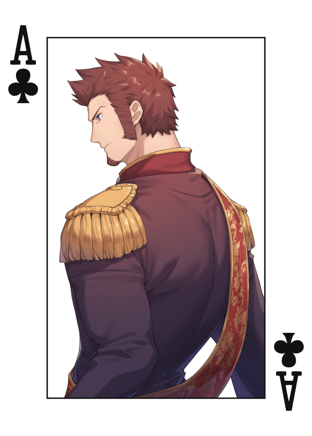1boy 47 ace_of_clubs back bara blue_eyes brown_hair epaulettes facial_hair fate/grand_order fate_(series) from_side frown goatee long_sideburns looking_to_the_side male_focus mature_male military military_uniform muscular muscular_male napoleon_bonaparte_(fate) poker sash short_hair sideburns solo uniform upper_body