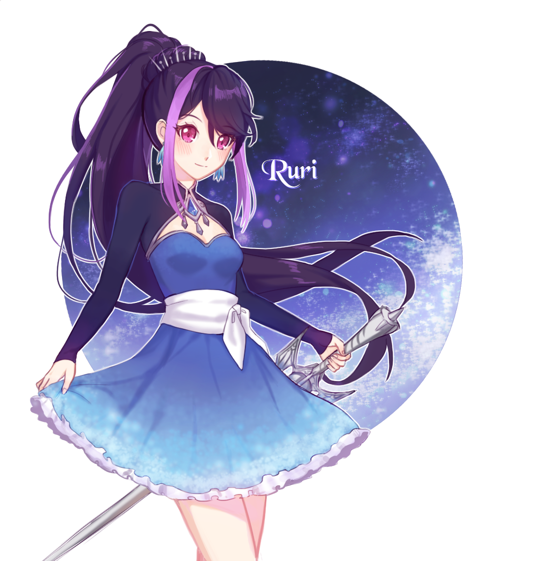 1girl bangs black_hair blue_dress breasts byoru character_name cleavage closed_mouth cosplay cowboy_shot dress earrings eyebrows_visible_through_hair floating_hair frilled_dress frills hair_between_eyes high_ponytail holding holding_weapon jewelry kurosaki_ruri long_hair long_sleeves purple_hair red_eyes shiny shiny_hair short_dress shrug_(clothing) skirt_hold sleeveless sleeveless_dress small_breasts smile solo standing strapless strapless_dress tied_hair very_long_hair weapon weiss_schnee weiss_schnee_(cosplay) white_background yu-gi-oh! yu-gi-oh!_arc-v