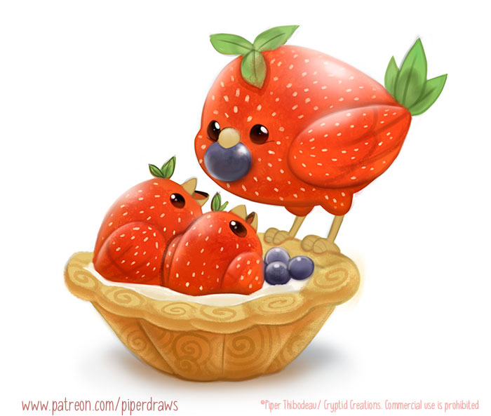 2021 age_difference ambiguous_gender avian bird blueberry_(fruit) brown_eyes cryptid-creations dessert food food_creature fruit leaf nest open_mouth parent parent_and_child pie plant red_body simple_background solo strawberry tart_(food) text url white_background wings