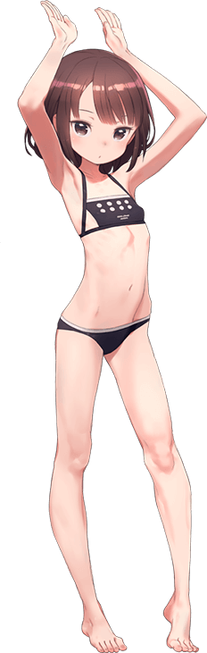 1girl :o alpha_transparency armpits arms_up bare_legs bare_shoulders barefoot bikini black_bikini blush brown_eyes brown_hair flat_chest full_body halterneck kuroboshi_kouhaku llenn_(sao) navel official_art short_hair solo swimsuit sword_art_online sword_art_online_alternative:_gun_gale_online third-party_edit third-party_source transparent_background